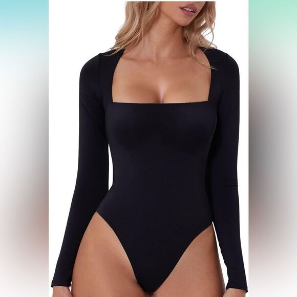Ladies Qinsen Square Neckline Long Sleeve Black Double Lined Bodysuit Medium - Picture 2 of 13